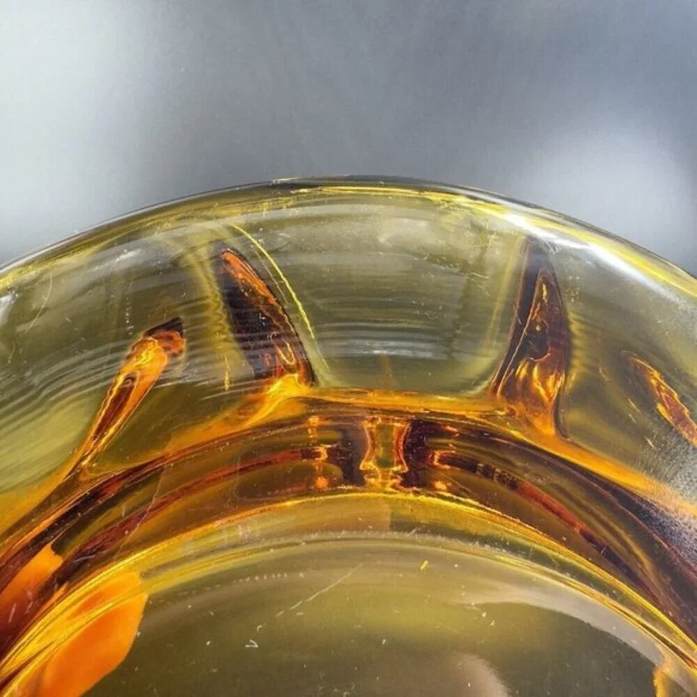 1960s Vintage Amber‎ Glass Ashtray Dish Wavy Edges Vintage Glass Decor 8 In Wide
